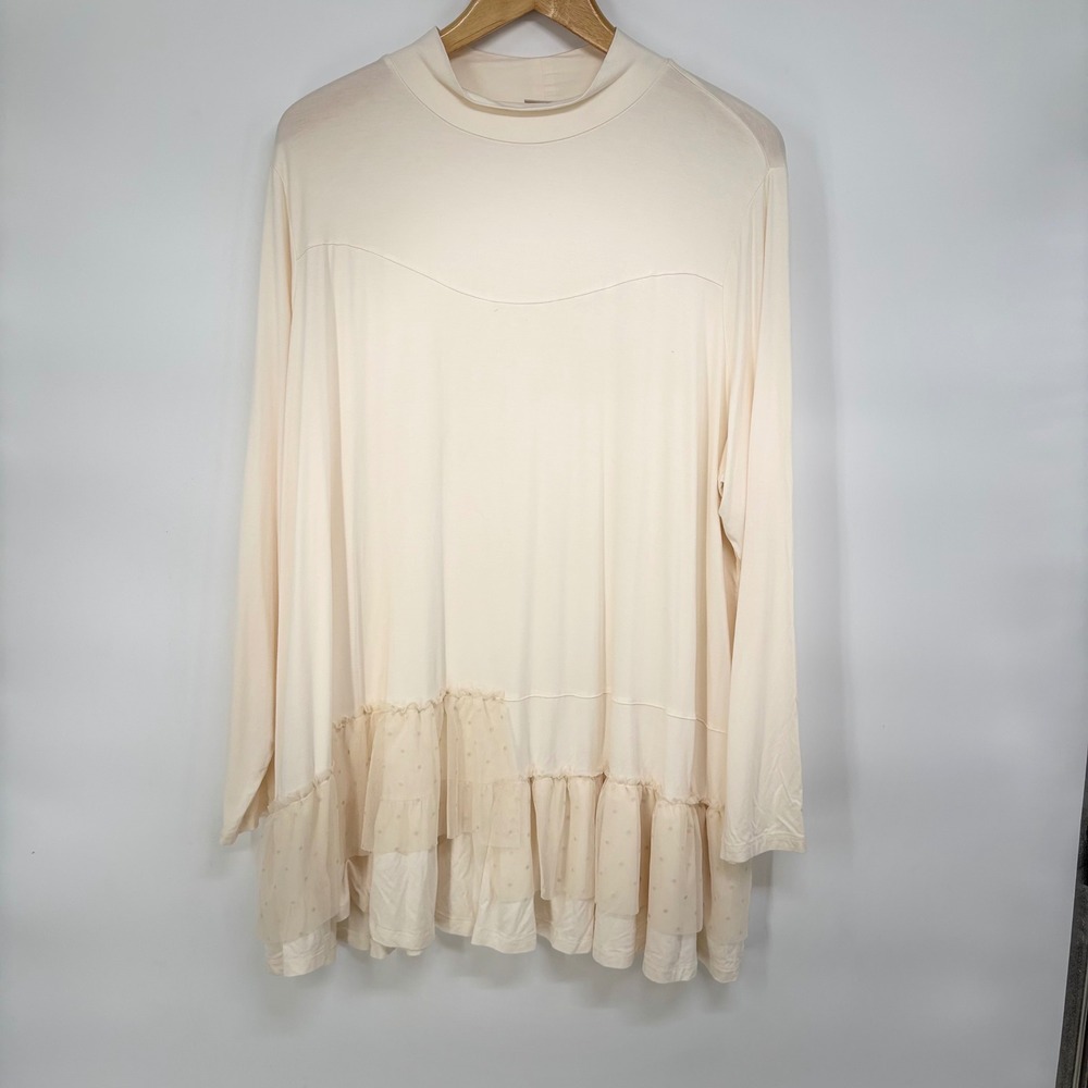 LOGO by Lori Goldstein Cream Mock Neck Ruffle Hem Mesh Tunic Top Womens 3X